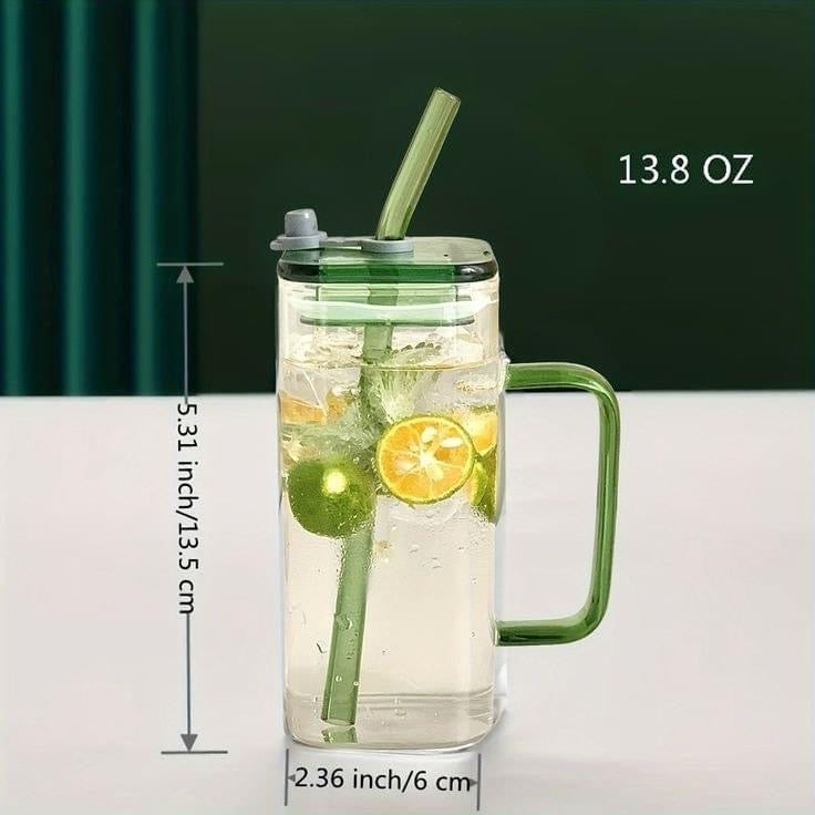 Square Coffee Drinking Glass with Lid & Straw