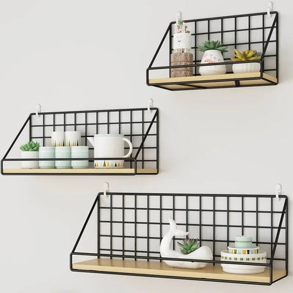 Iron shelf with wooden base.