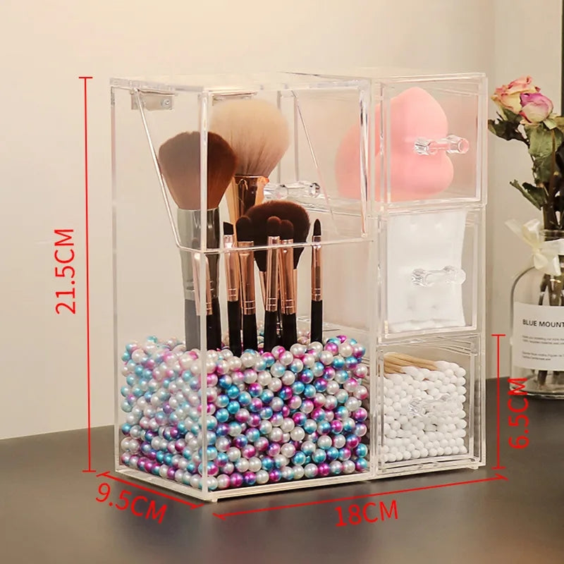Acrylic Pearls Makeup Brush Organizer With Drawer