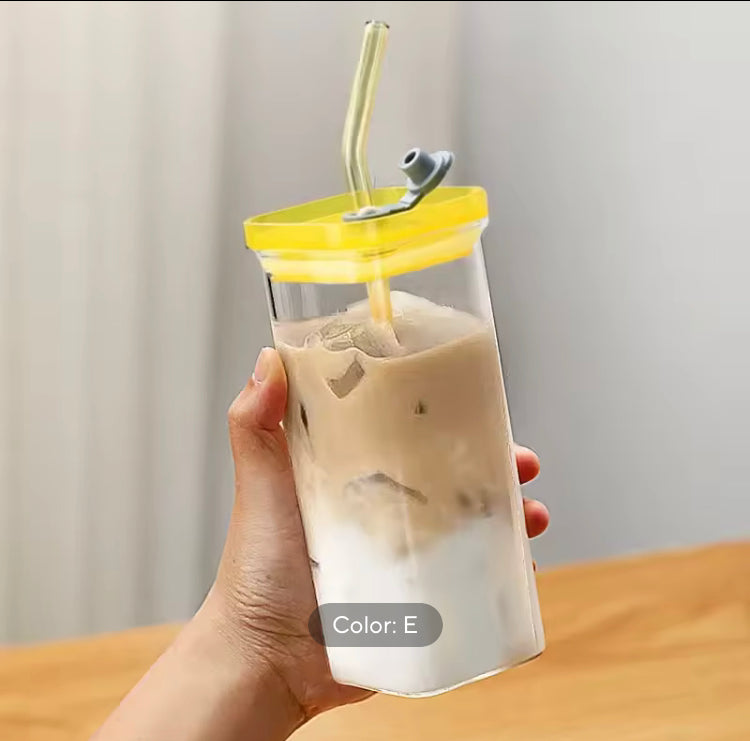 400ml Square Coffee Glass with Lid and Glass Straw