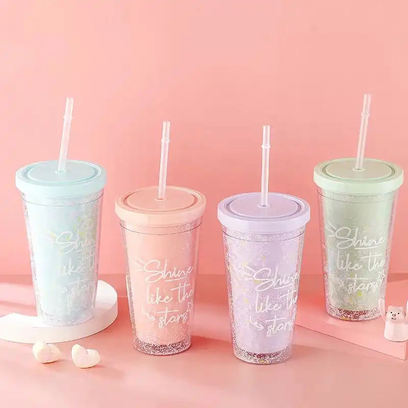 Rainbow color double layer plastic water bottle with straws Milk cup