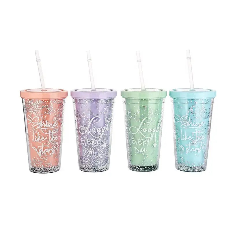 Rainbow color double layer plastic water bottle with straws Milk cup