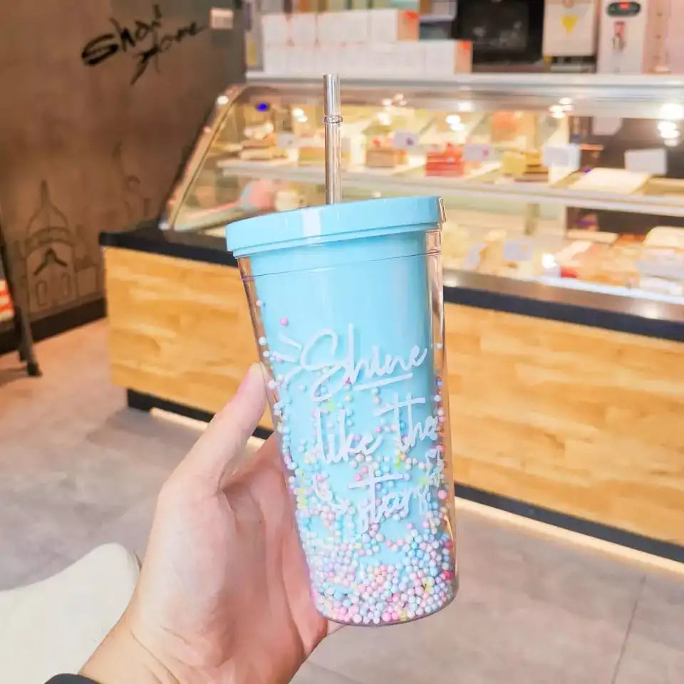 Rainbow color double layer plastic water bottle with straws Milk cup