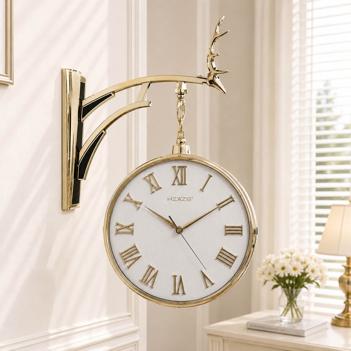 Luxury 14-Inch Double-Sided Wall Clock with Deer Head Finial – Silent Quartz 2-Face Hanging Clock