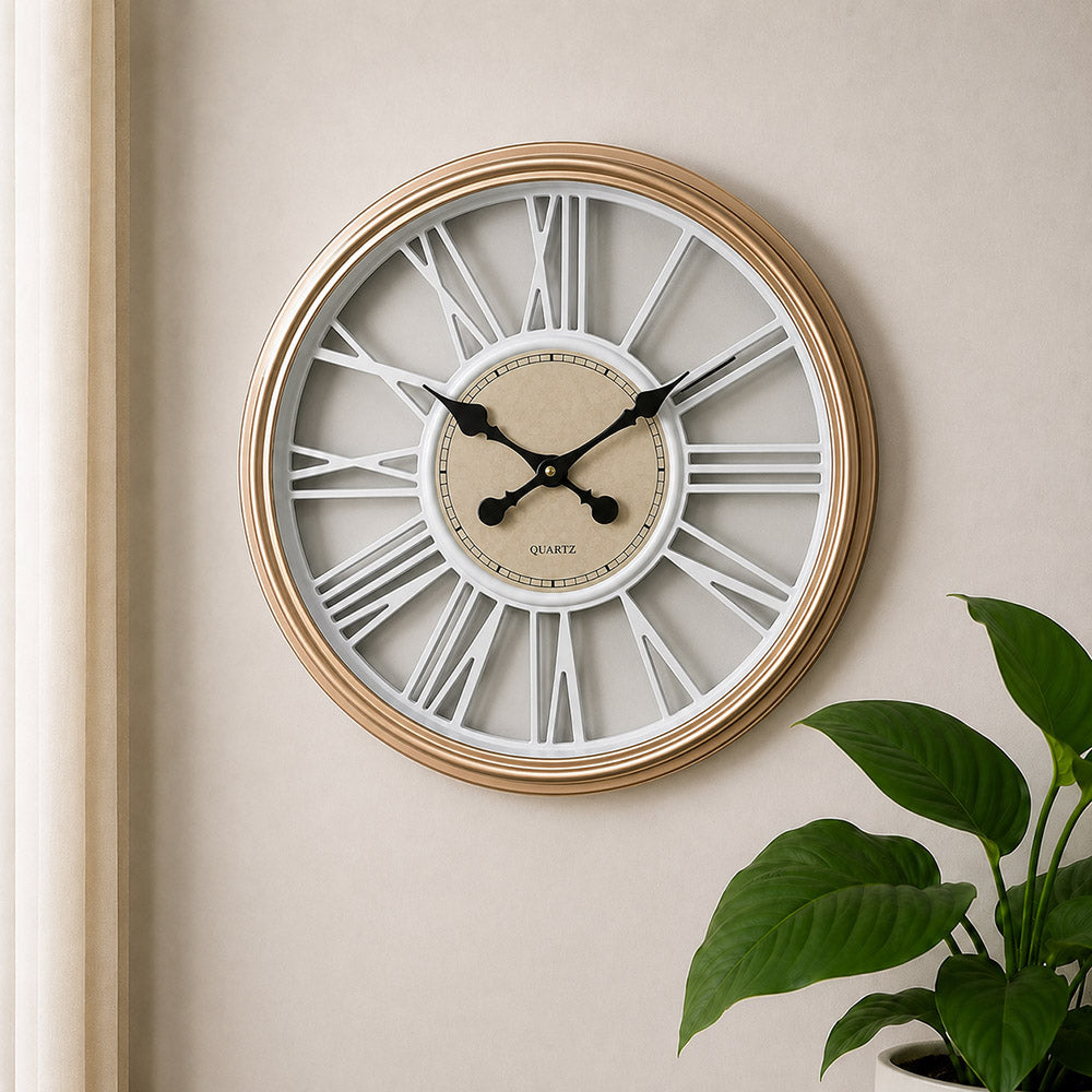 Modern Luxury Silent Metal Wall Clock (18 Inches) – Rose Gold & White Finish, Ticking-Free Battery-Operated Analog Clock for Living Room & Office