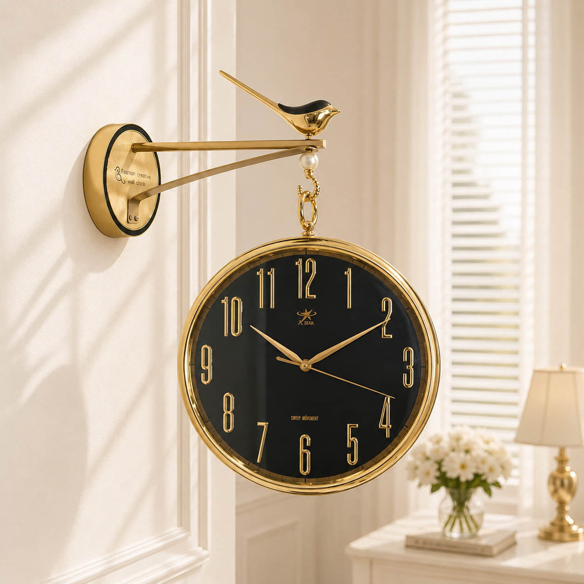 Double Face Moving Gearing Wall Clock – 12-Inch Vintage Luxury Two-Sided Clock (Golden/Black)