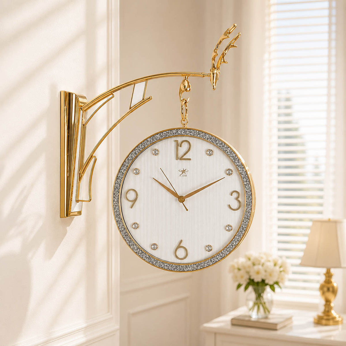 Dual-Sided Station Wall Clock with Two-Tone Border and Crystal Accents