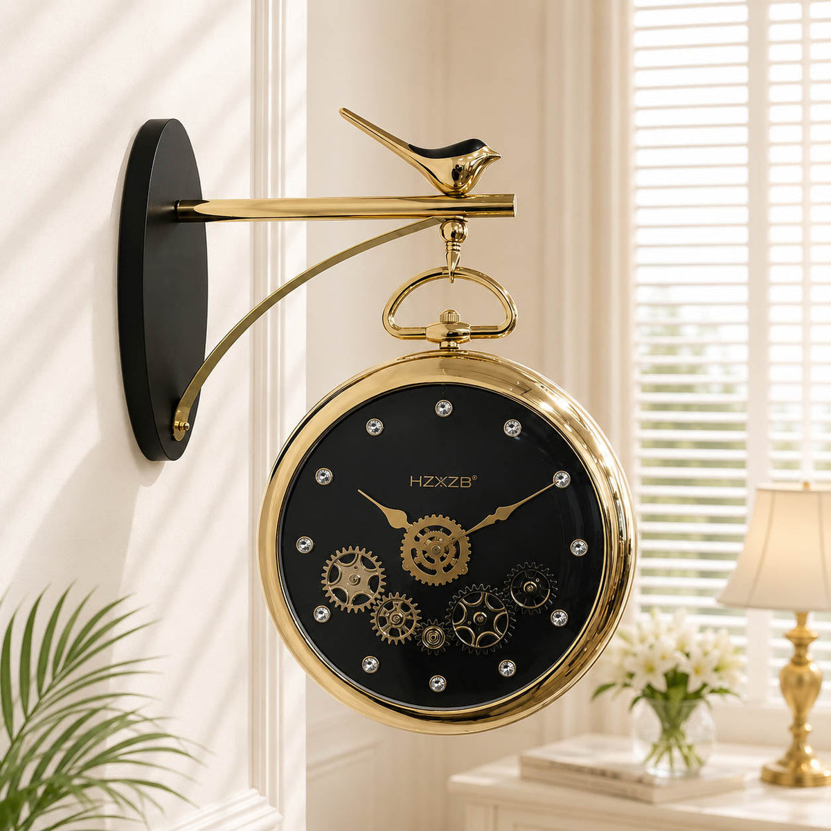 Double Face Moving Gearing Wall Clock – 13-Inch Vintage Luxury Two-Sided Clock