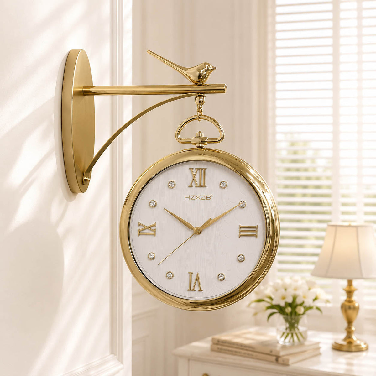 Dual-Sided Station Wall Clock with Top Bird Accent