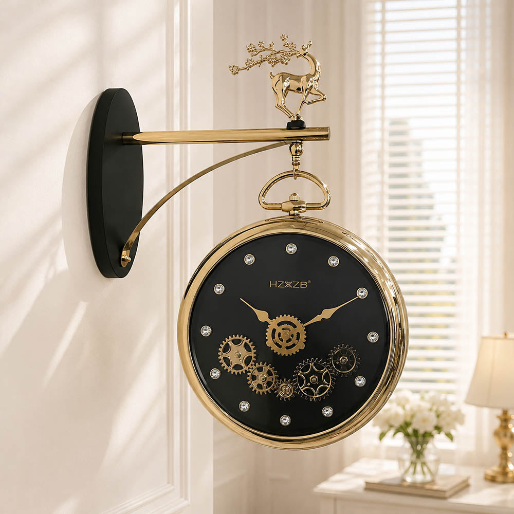 Dual-Sided Deer Silhouette & Exposed Moving Gearing Wall Clock