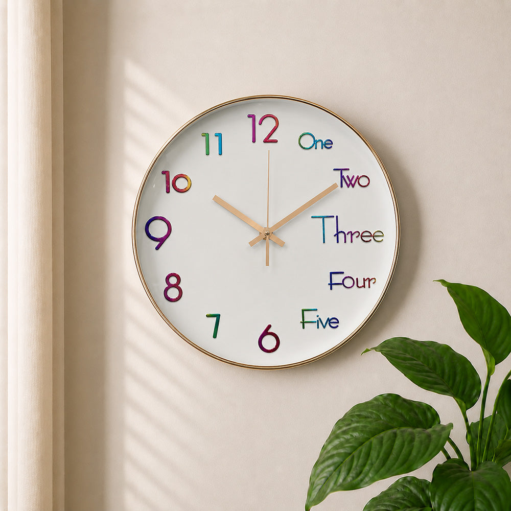 Modern Luxury Silent Metal Wall Clock (12 Inches) – Unique Half-Word & Half-Digit Dial, Ticking-Free Battery-Operated Clock for Living Room & Office
