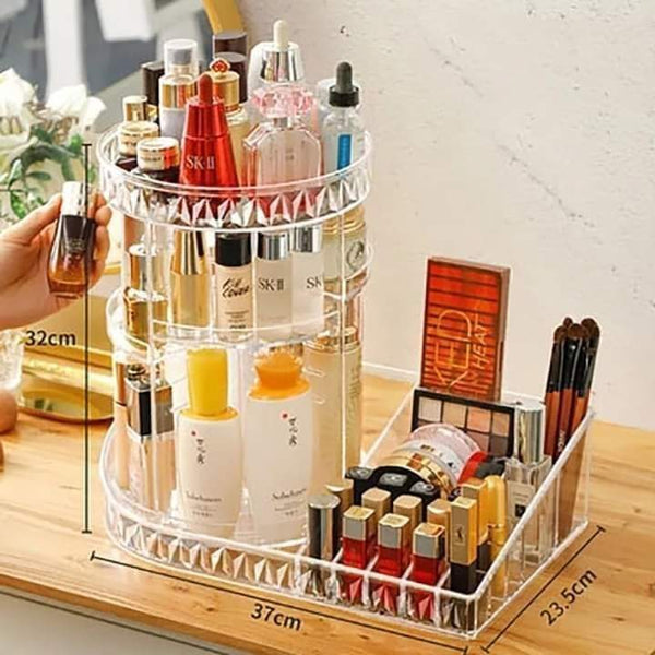 360 degree rotating cosmetic organizer with lipstick organizer tray