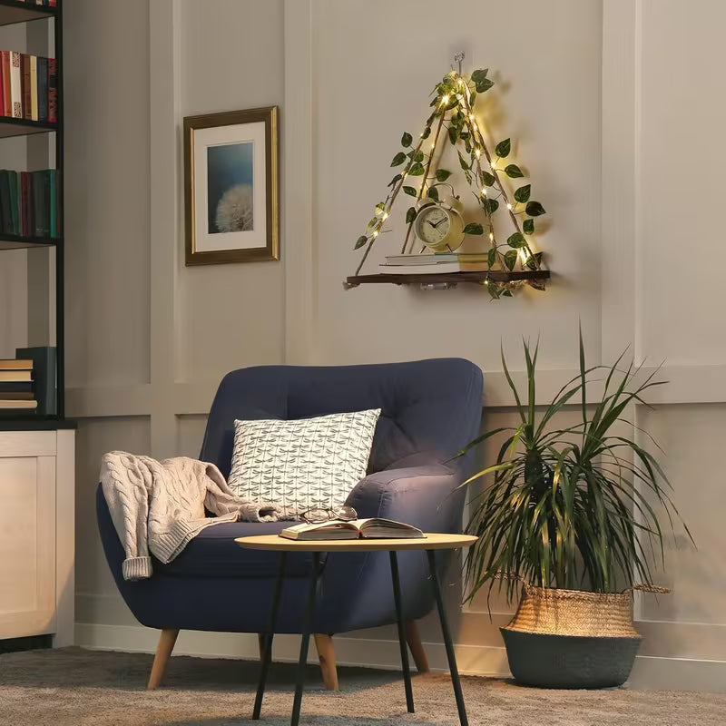 Led wooden wall Decoration shelf with led light and green leaf string