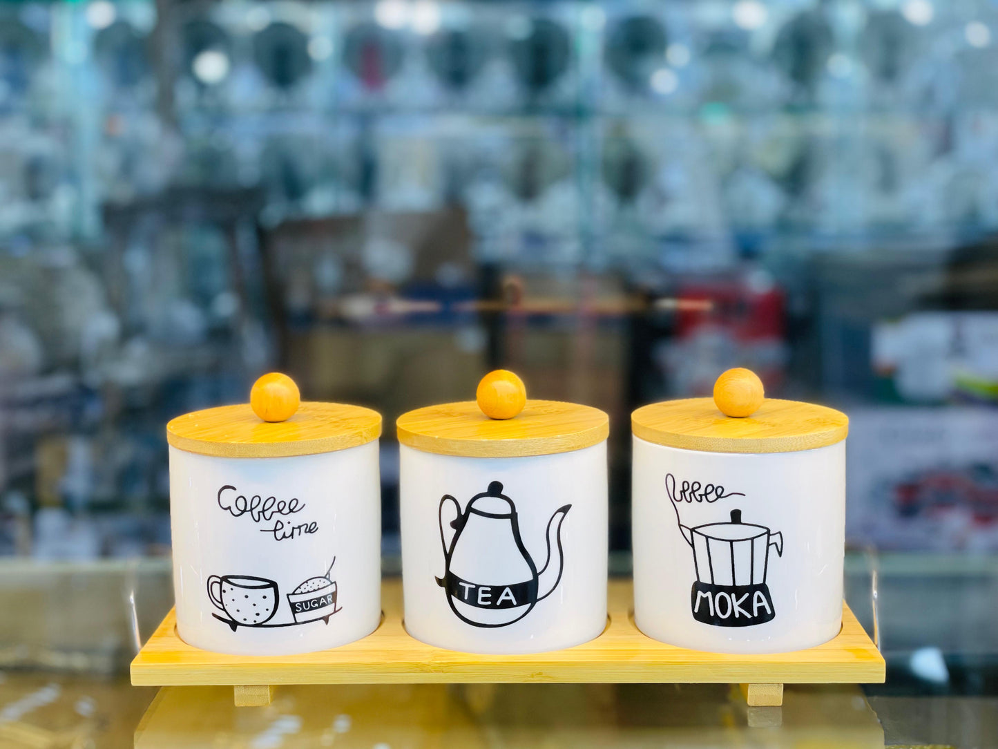 CERAMIC JAR SET WITH BAMBOO LIDS & TRAY - 3- PIECE
