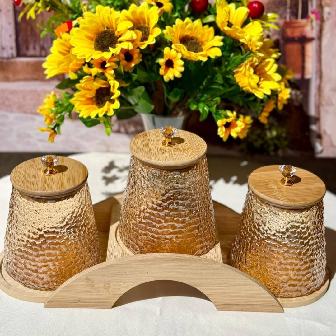 Multipurpose Borosilicate Gourd Storage Jar 3Pcs Set With Wood Stand