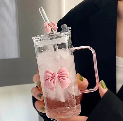 400ml Cute Bow Coffee Glass with Handle, Straw & Lid