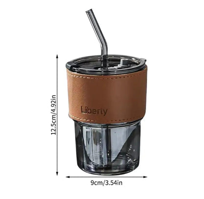 Leather Cover Coffee Mug with Lid & Straw