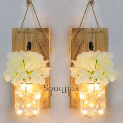 Flower Garland Jar home decoration flower led jar with wooden hanging