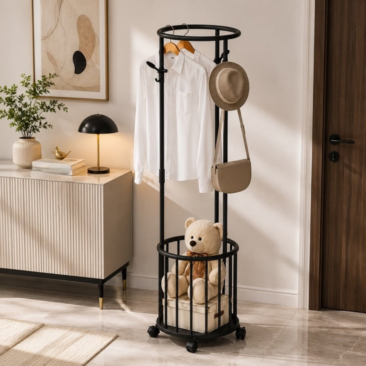 Corner Clothes Rack with Storage Basket & Moveable Wheels
