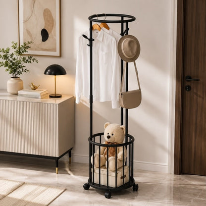 Corner Clothes Rack with Storage Basket & Moveable Wheels