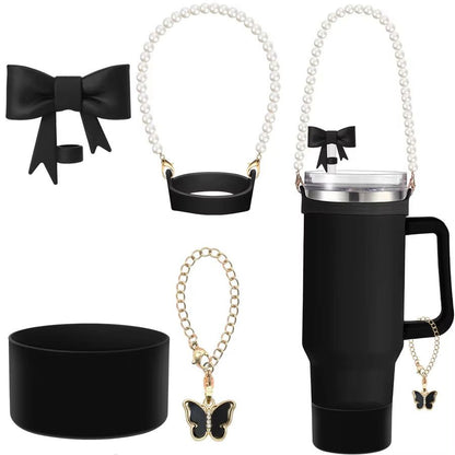4 Pcs Accessories of Tumbler Mug Straw Cover, Butterfly Keychain, Pearl Handle & Silicone Protection Cover