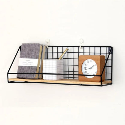 Iron shelf with wooden base.