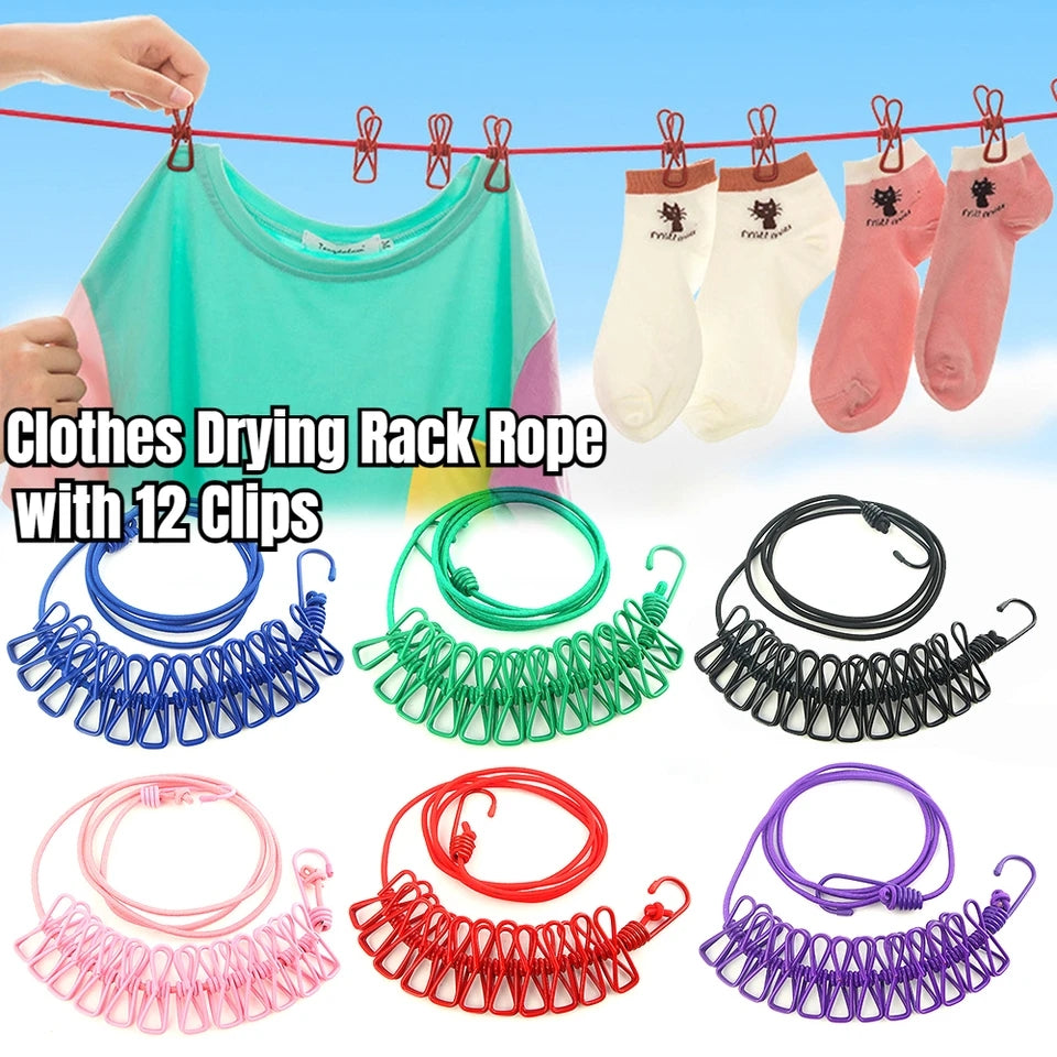 clothes drying rope 12 clips with 2 hooks