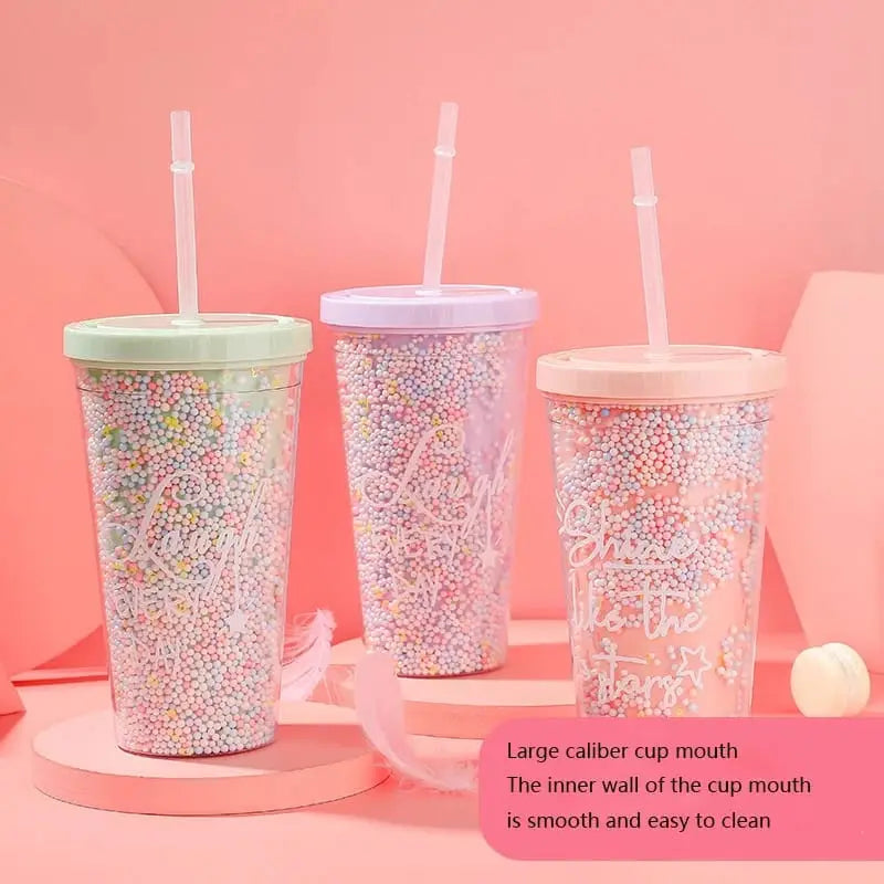 Rainbow color double layer plastic water bottle with straws Milk cup