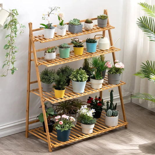 Bamboo wooden 4 layer pot holder wooden plant shelf