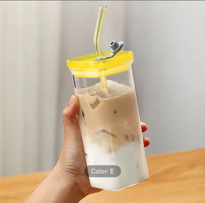 400ml Square Coffee Glass with Lid and Glass Straw