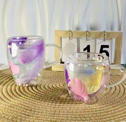 Double Wall Heat Resistant Feather Design Coffee Mug