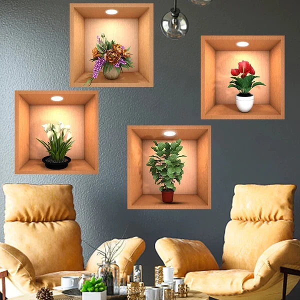3D flower pot look wall stickers (set of 4 pieces)