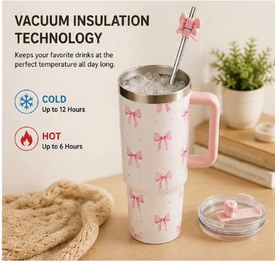 1200ml Bow Design Stainless Steel Insulated Tumbler Mug with Steel Straw & Straw Cover