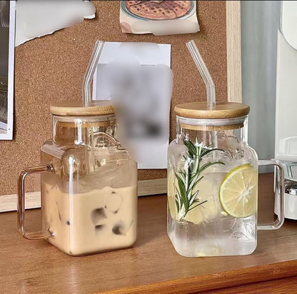 620ml Square Coffee Glass with Bamboo Lid & Straw