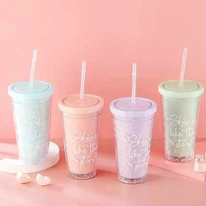 Rainbow color double layer plastic water bottle with straws Milk cup