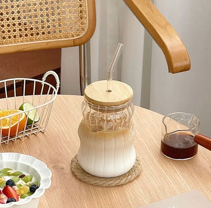 500ml Striped Aesthetic Coffee Glass with Lid & Straw