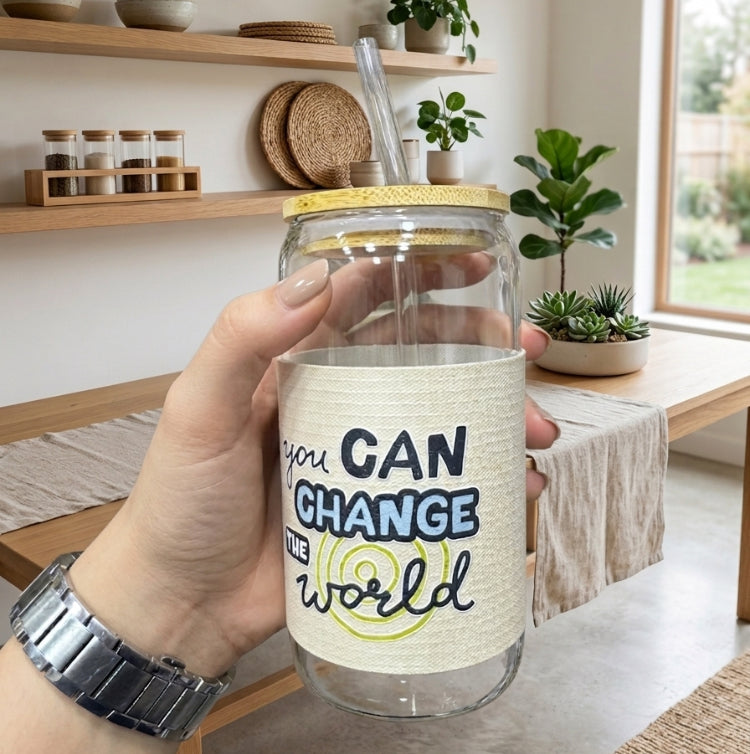 Quoted Coffee Glass with Wooden Lid & Straw