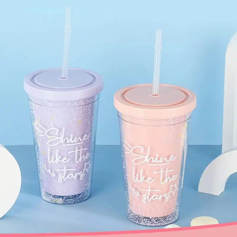 Rainbow color double layer plastic water bottle with straws Milk cup