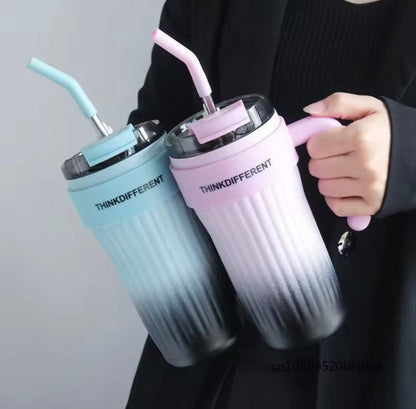 860ml Gradient Colour Stainless Steel Coffee Mug with Straw