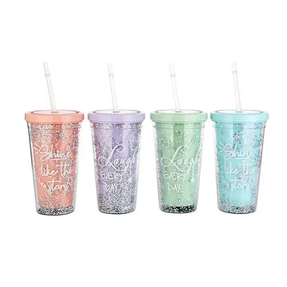 Rainbow color double layer plastic water bottle with straws Milk cup
