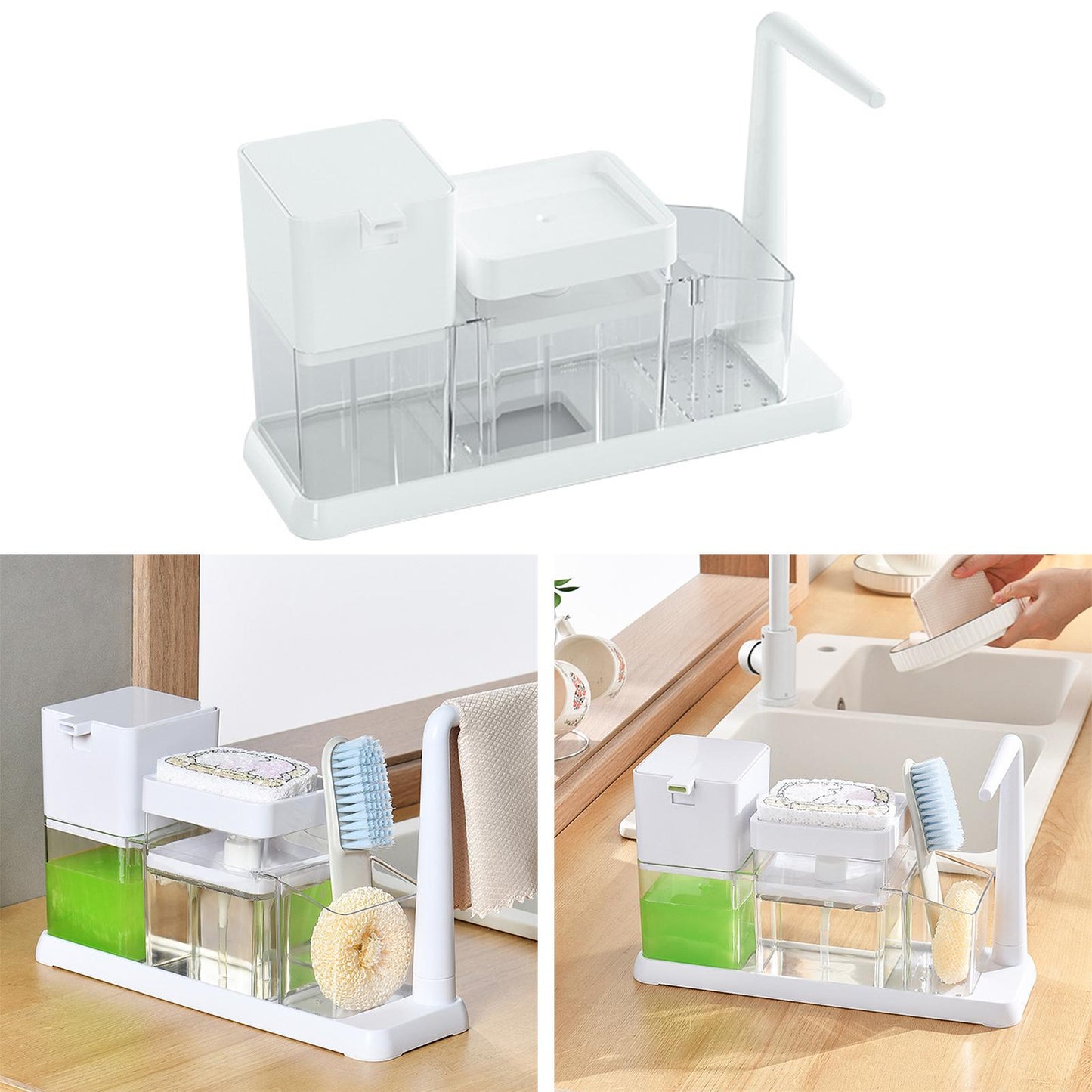 3 in 1 Kitchen soap dispenser - Hand cleaner soap jar with brush organizer