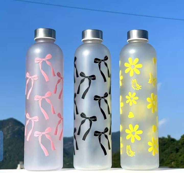 1000ml Aesthetic Cute Frosted Printed Water Bottle With Steel Cap