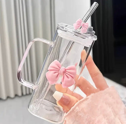 400ml Cute Bow Coffee Glass with Handle, Straw & Lid