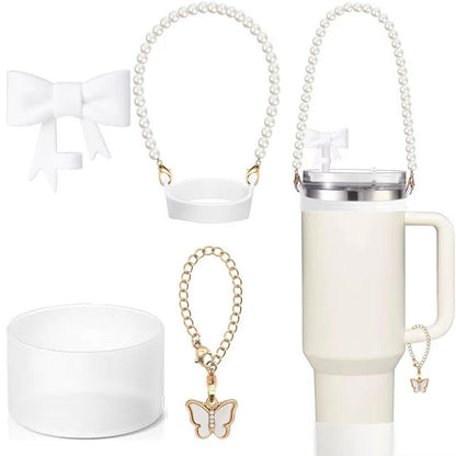 4 Pcs Accessories of Tumbler Mug Straw Cover, Butterfly Keychain, Pearl Handle & Silicone Protection Cover