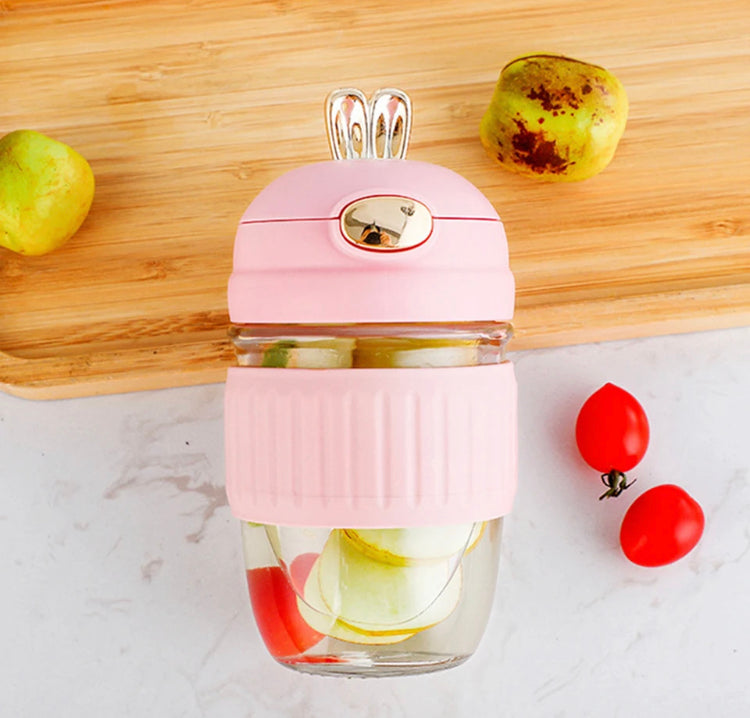 Rabbit Cup Portable Thick Glass Summer Drinking Cup With Lid & Straw