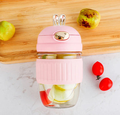 Rabbit Cup Portable Thick Glass Summer Drinking Cup With Lid & Straw