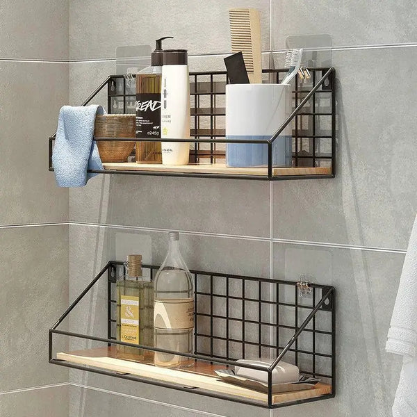 Iron shelf with wooden base.