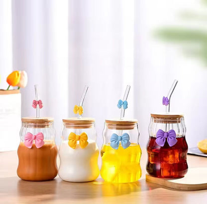 Aesthetic Bow Coffee Glass with Bow Straw & Lid