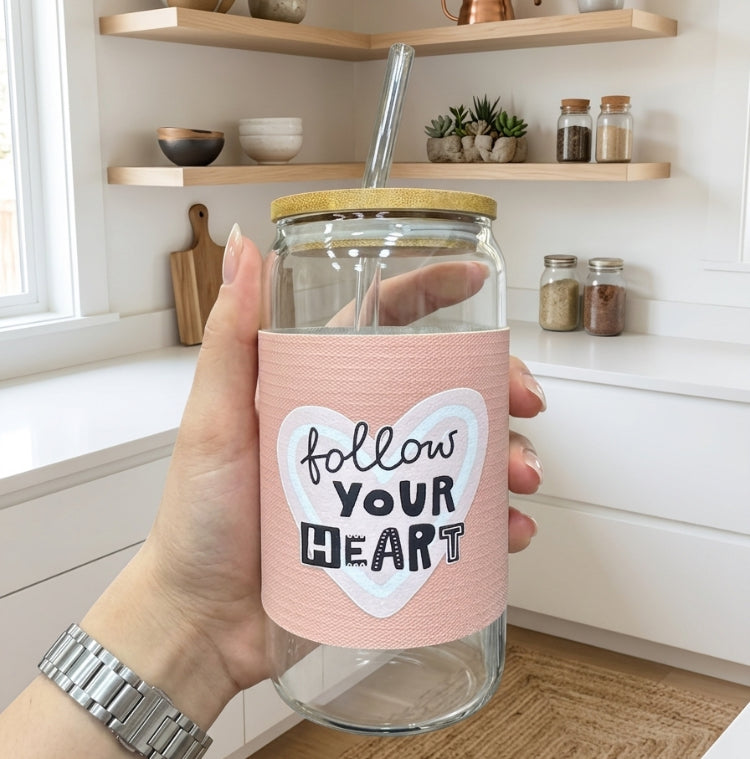 Quoted Coffee Glass with Wooden Lid & Straw