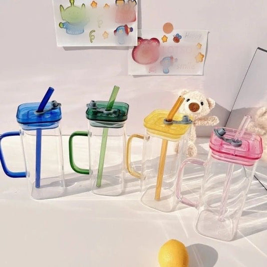 400ml Square Coffee Glass with Lid and Glass Straw